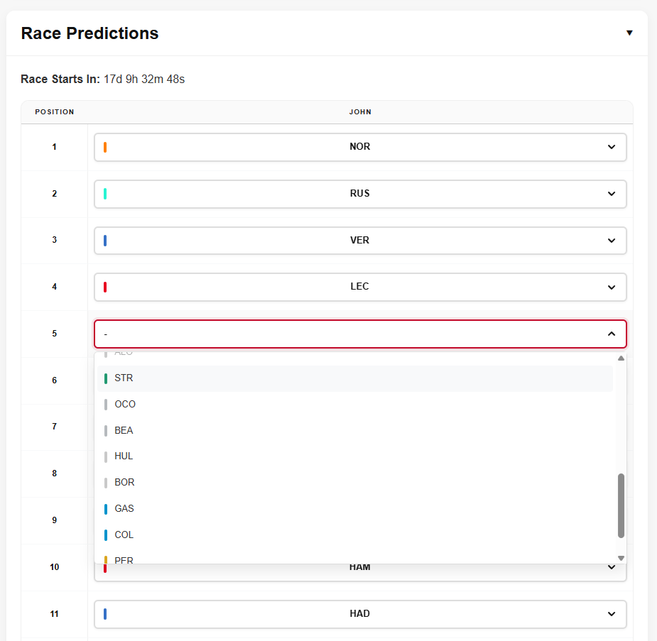 Submit Race Predictions on Tiposi